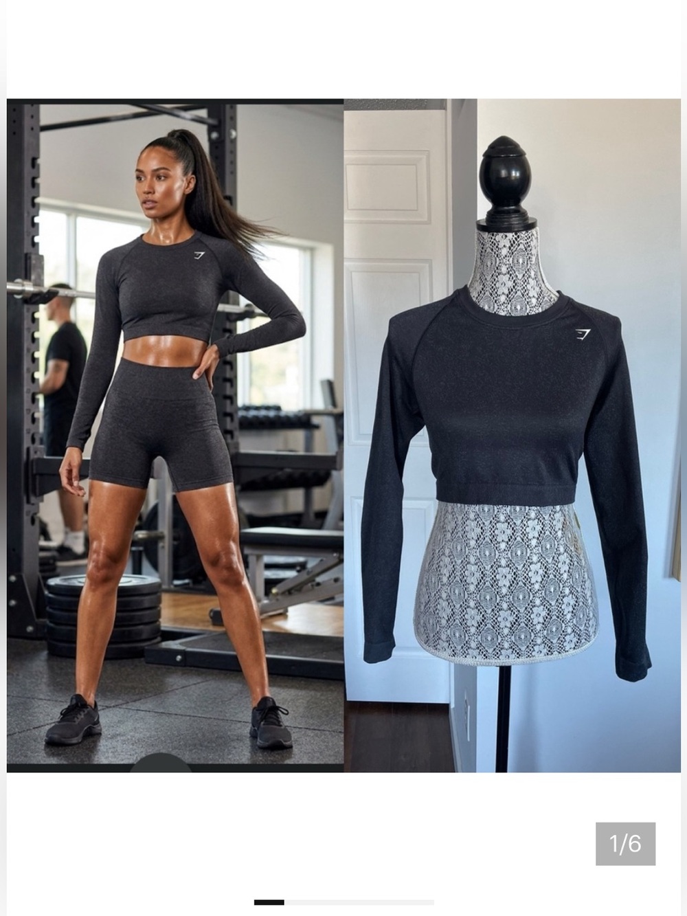 New Gymshark Large Adapt Fleck Seamless Long Sleeve Crop Top Shirt. Black Fleck.